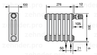 Схема (чертеж) Радиатор Zehnder Charleston 3030/6 №V002 Белый глянцевый RAL 9016